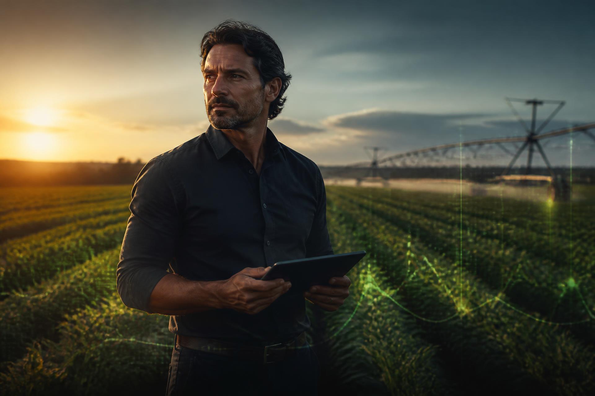 Engenheiro agrônomo utilizando tecnologia e dados em uma grande operação agrícola